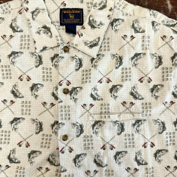 Woolrich Fishing Short Sleeve Shirt L Bass Fish Rod Print Button Up Cotton - Picture 5 of 8